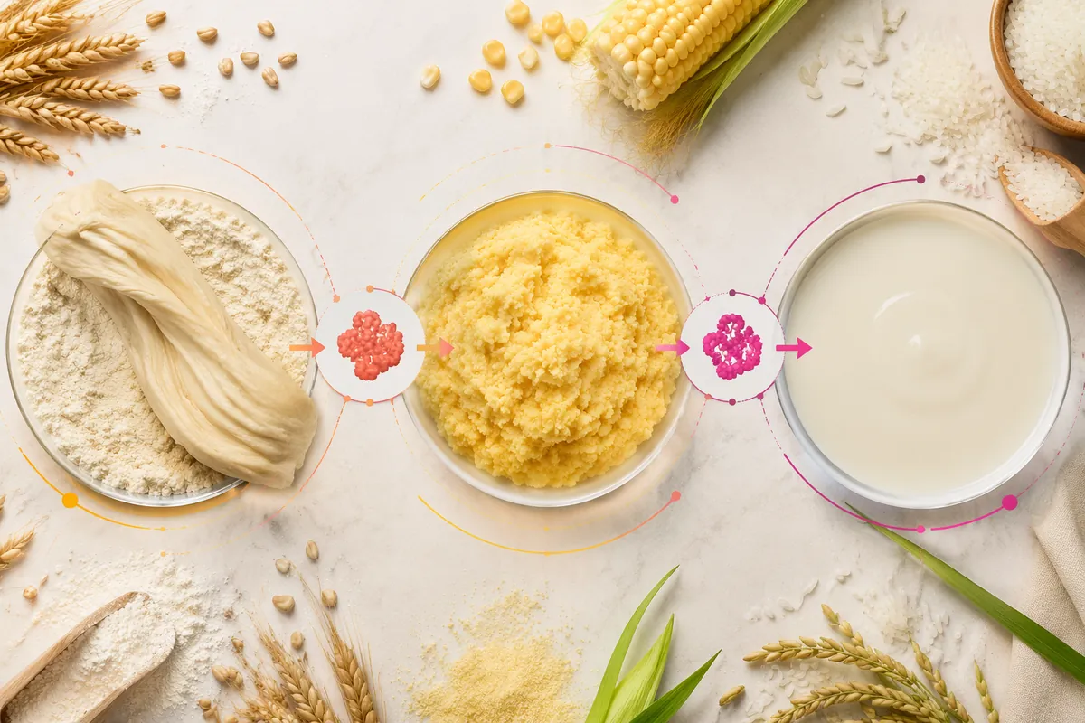 Wheat gluten, cornmeal and a bowl of milky protein liquid laid out in sequence on a marble bench with wheat, corn and rice